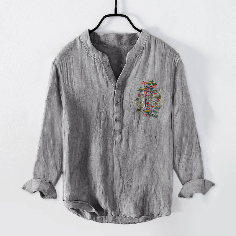 Tactile Cotton Linen Stand Collar Crane Print Meditation Shirt