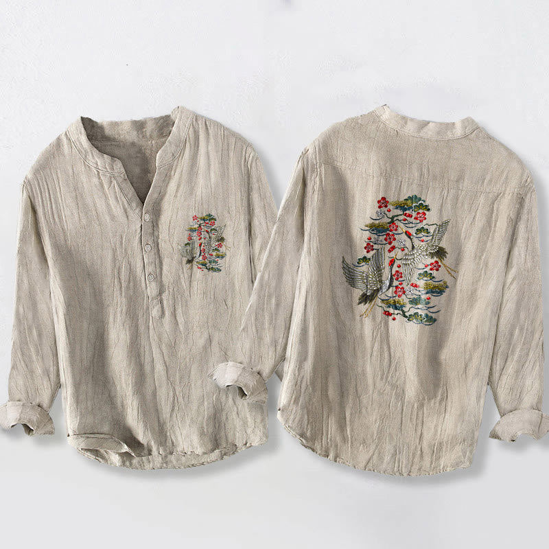 Tactile Cotton Linen Stand Collar Crane Print Meditation Shirt