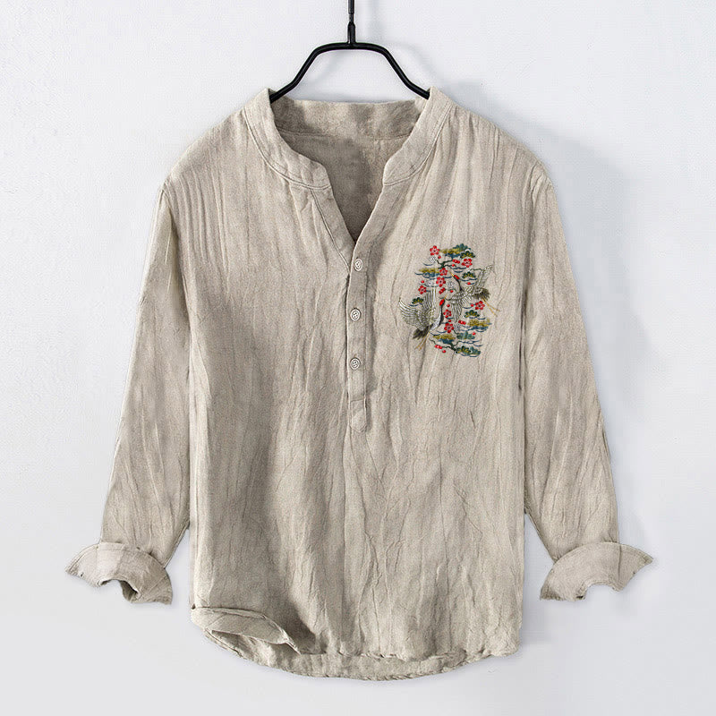 Tactile Cotton Linen Stand Collar Crane Print Meditation Shirt