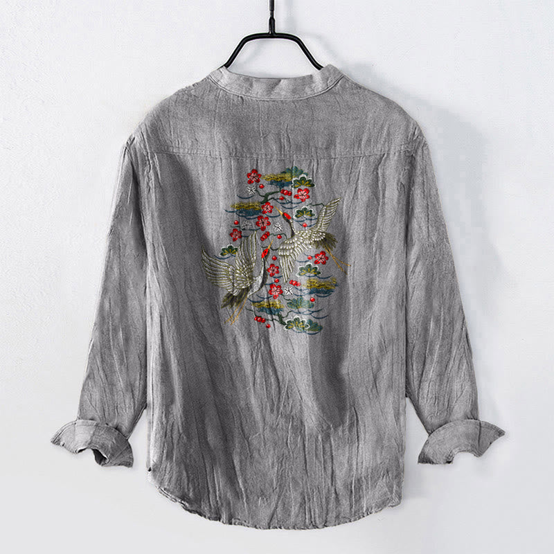 Tactile Cotton Linen Stand Collar Crane Print Meditation Shirt