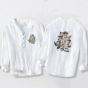 Tactile Cotton Linen Stand Collar Crane Print Meditation Shirt