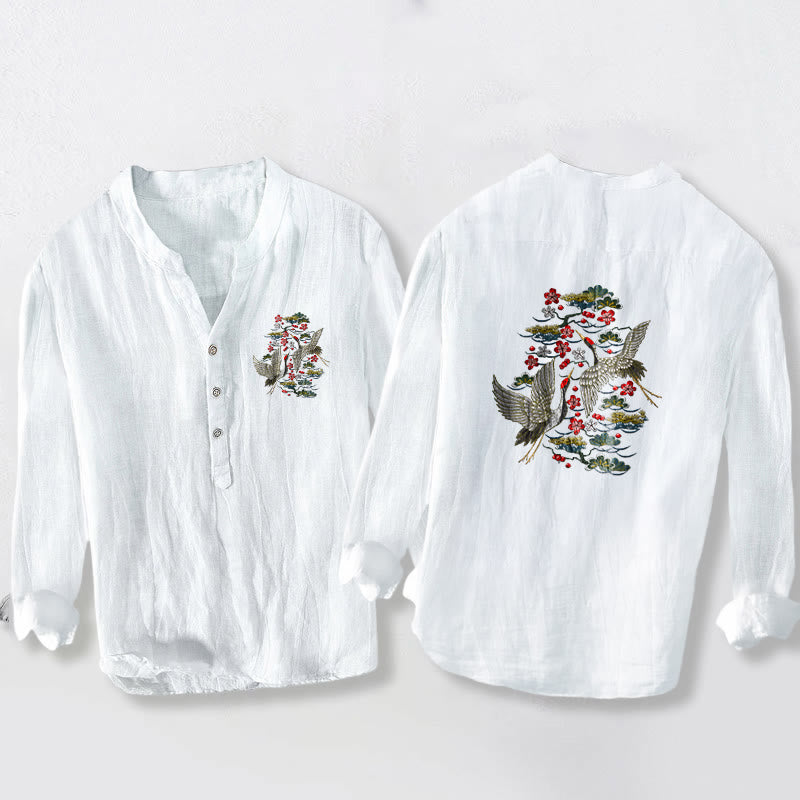 Tactile Cotton Linen Stand Collar Crane Print Meditation Shirt