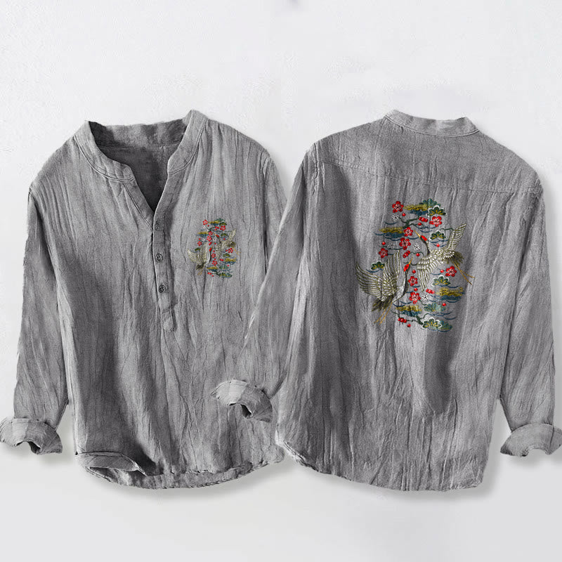 Tactile Cotton Linen Stand Collar Crane Print Meditation Shirt