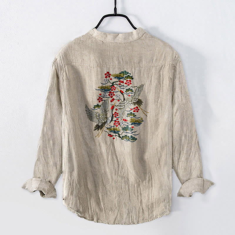 Tactile Cotton Linen Stand Collar Crane Print Meditation Shirt