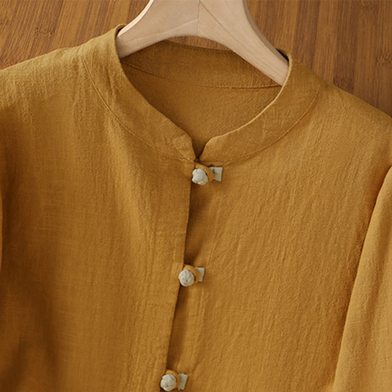Breathable Linen Frog-Button Long Sleeve Meditation Shirt