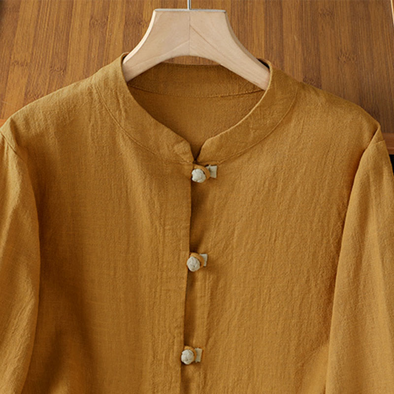 Breathable Linen Frog-Button Long Sleeve Meditation Shirt