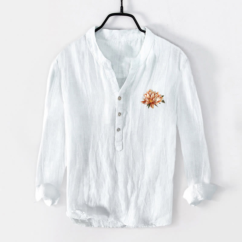 Cotton Linen Stand Collar Symbolic Print Mindful Shirt