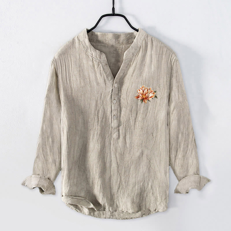 Cotton Linen Stand Collar Symbolic Print Mindful Shirt