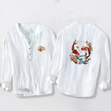 Cotton Linen Stand Collar Symbolic Print Mindful Shirt