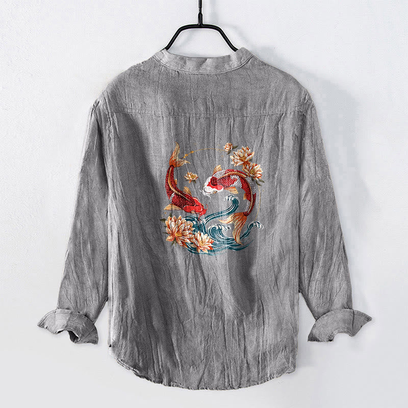 Cotton Linen Stand Collar Symbolic Print Mindful Shirt
