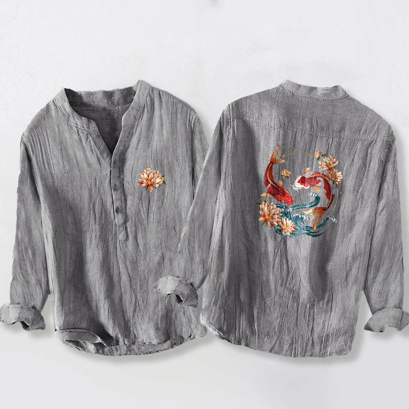 Cotton Linen Stand Collar Symbolic Print Mindful Shirt