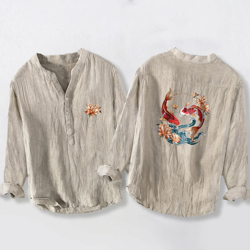 Cotton Linen Stand Collar Symbolic Print Mindful Shirt
