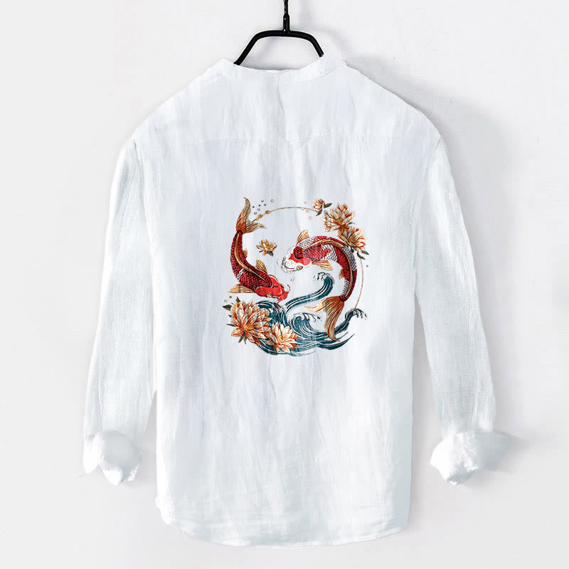 Cotton Linen Stand Collar Symbolic Print Mindful Shirt