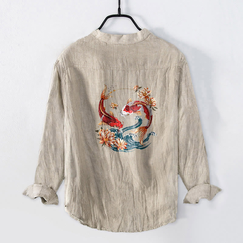 Cotton Linen Stand Collar Symbolic Print Mindful Shirt