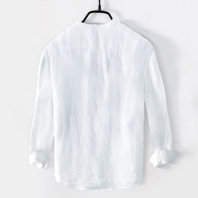 Cotton Linen Stand Collar Pine Print Grounded Men's Shirt