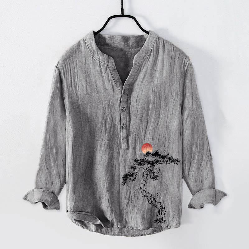 Cotton Linen Stand Collar Pine Print Grounded Men's Shirt