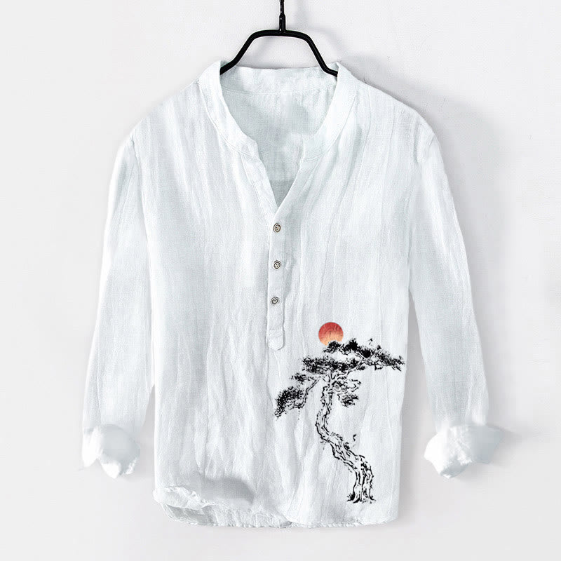 Cotton Linen Stand Collar Pine Print Grounded Men's Shirt