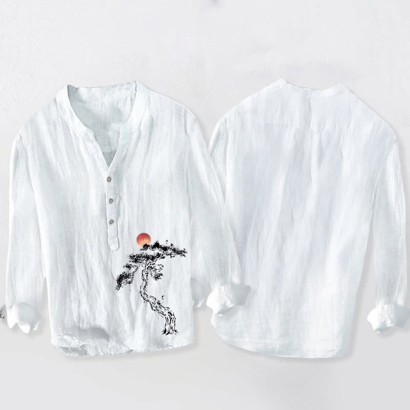 Cotton Linen Stand Collar Pine Print Grounded Men's Shirt