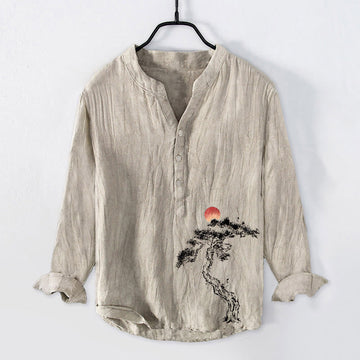 Cotton Linen Stand Collar Pine Print Grounded Men's Shirt