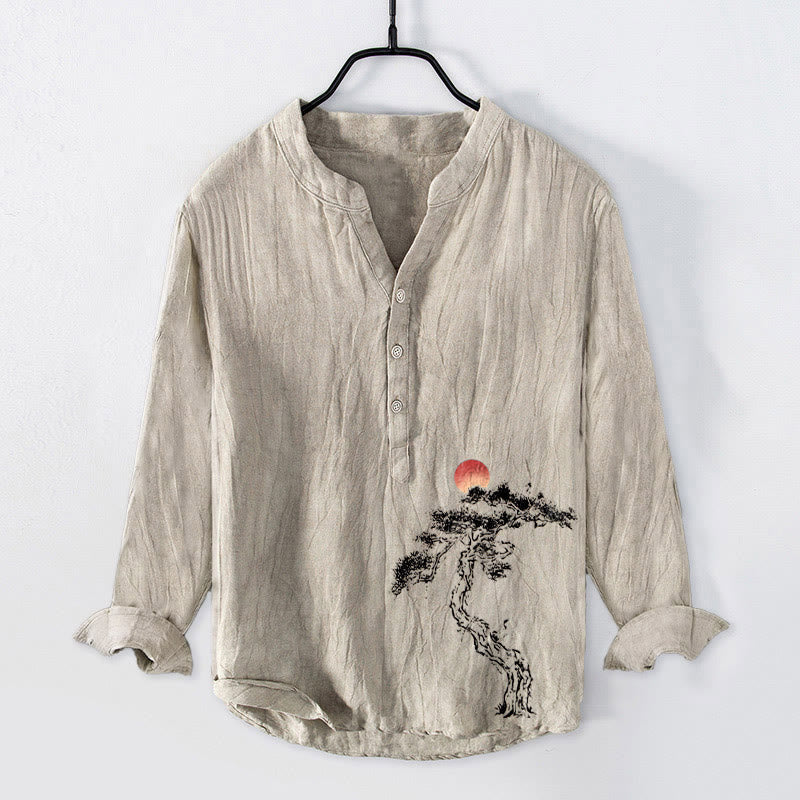 Cotton Linen Stand Collar Pine Print Grounded Men's Shirt