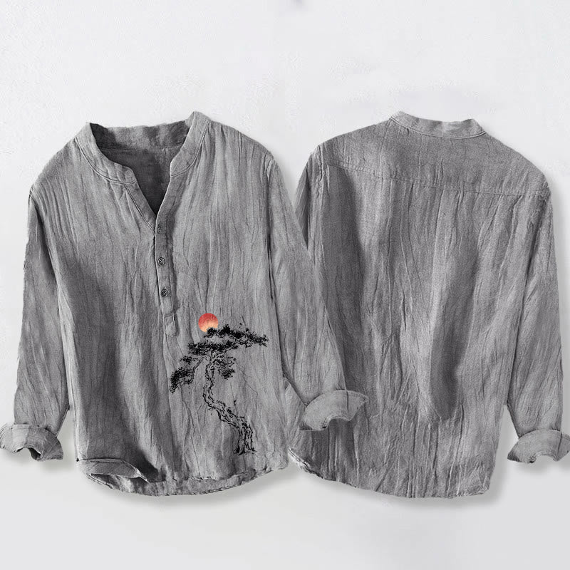 Cotton Linen Stand Collar Pine Print Grounded Men's Shirt