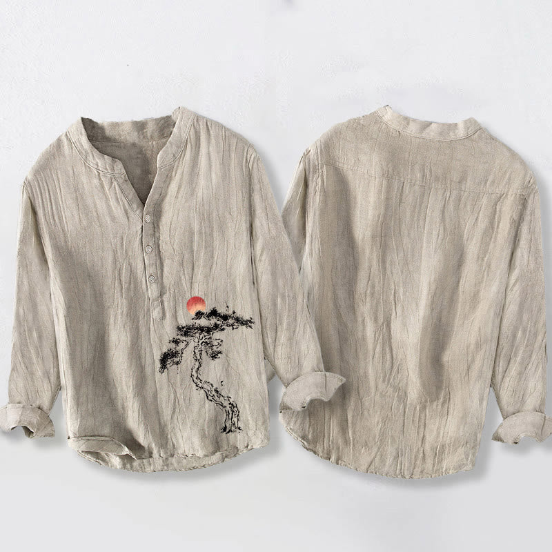 Cotton Linen Stand Collar Pine Print Grounded Men's Shirt
