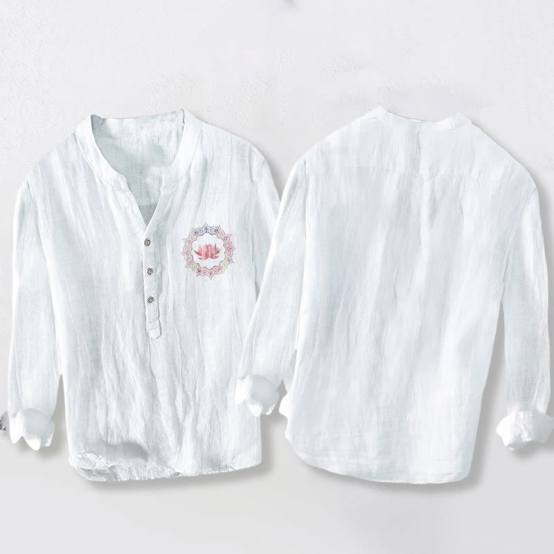 Cotton Linen Stand Collar Lotus Mandala Mindful Shirt