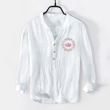 Cotton Linen Stand Collar Lotus Mandala Mindful Shirt