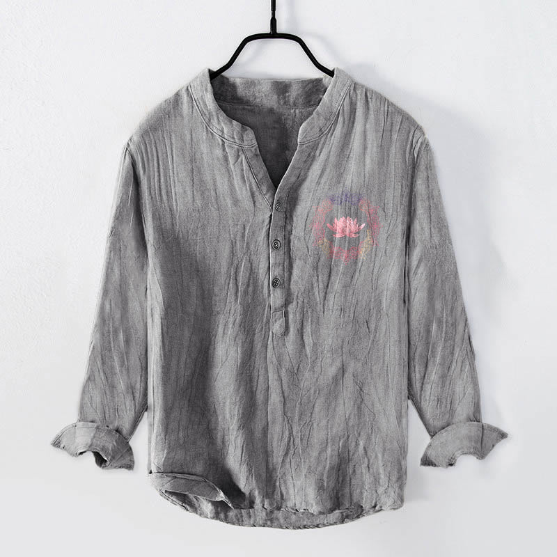 Cotton Linen Stand Collar Lotus Mandala Mindful Shirt