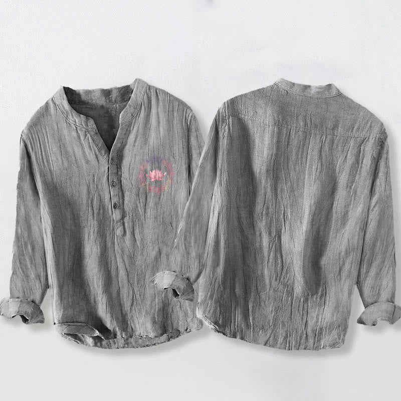 Cotton Linen Stand Collar Lotus Mandala Mindful Shirt