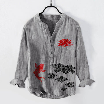Tactile Cotton Linen Stand Collar Koi Print Meditation Shirt