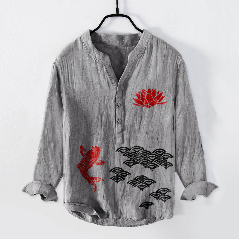 Tactile Cotton Linen Stand Collar Koi Print Meditation Shirt