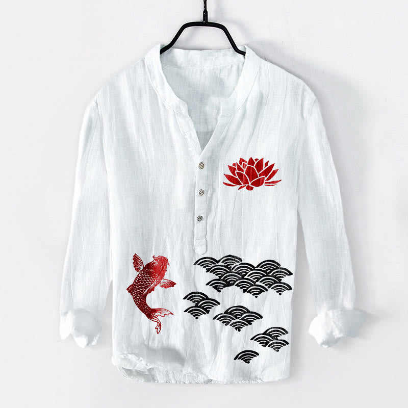 Tactile Cotton Linen Stand Collar Koi Print Meditation Shirt