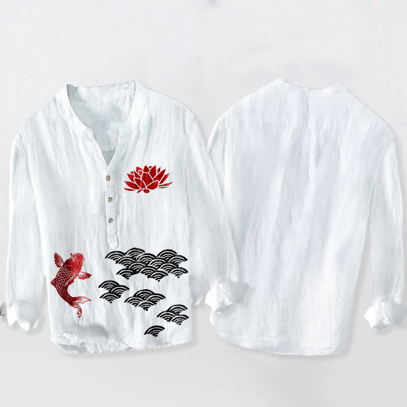 Tactile Cotton Linen Stand Collar Koi Print Meditation Shirt