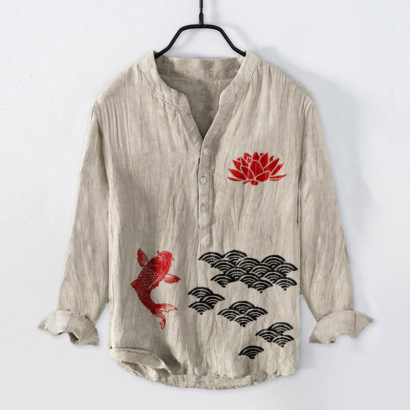 Tactile Cotton Linen Stand Collar Koi Print Meditation Shirt