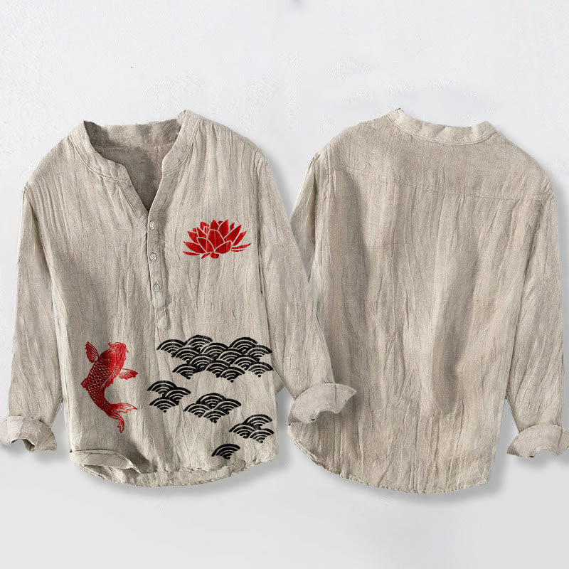 Tactile Cotton Linen Stand Collar Koi Print Meditation Shirt