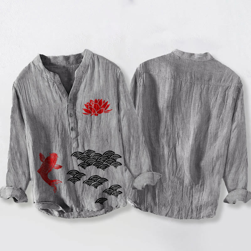 Tactile Cotton Linen Stand Collar Koi Print Meditation Shirt
