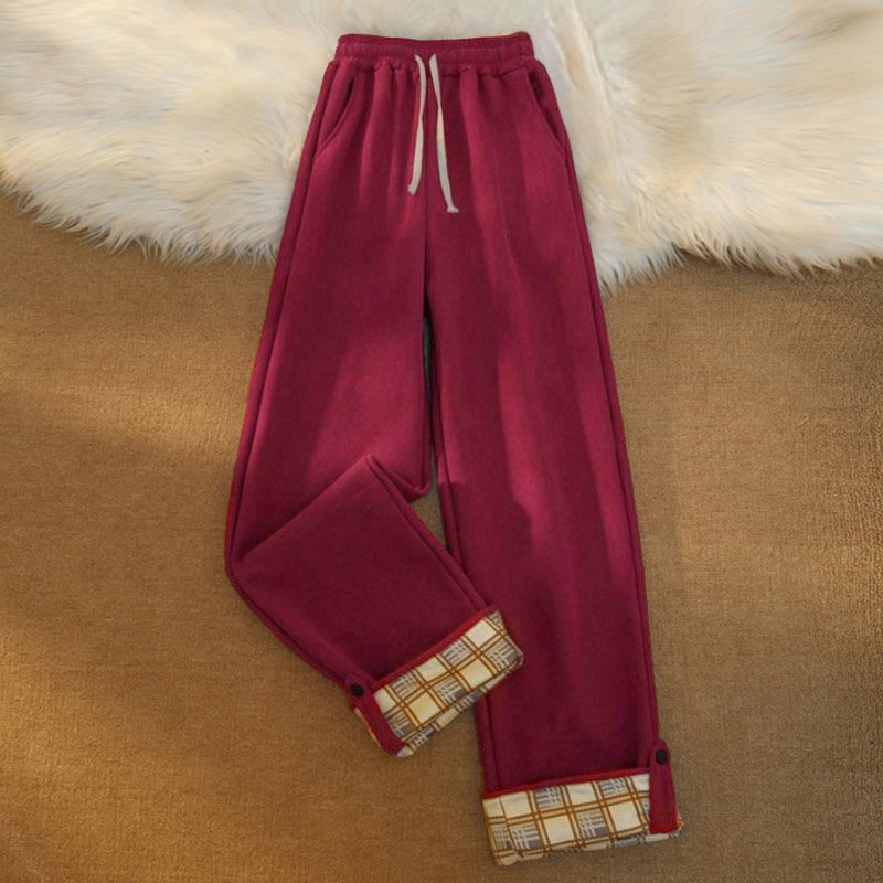 Women's Patchwork Cotton Corduroy Fleece-Lined Wide Leg Pants With Pockets