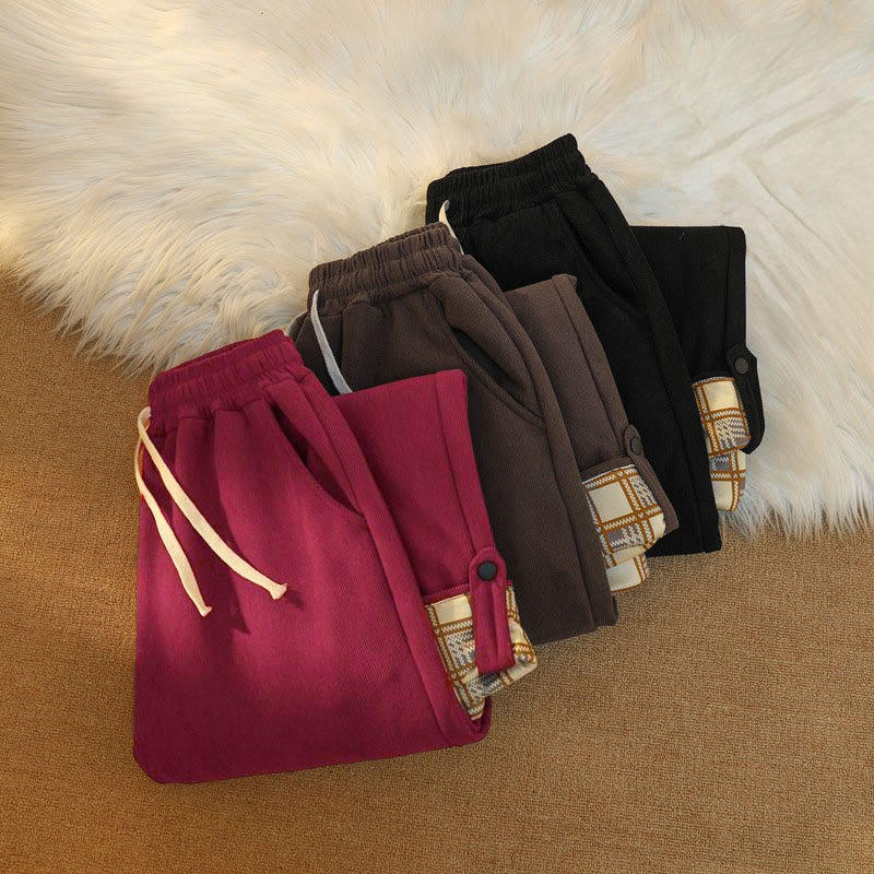 Women's Patchwork Cotton Corduroy Fleece-Lined Wide Leg Pants With Pockets