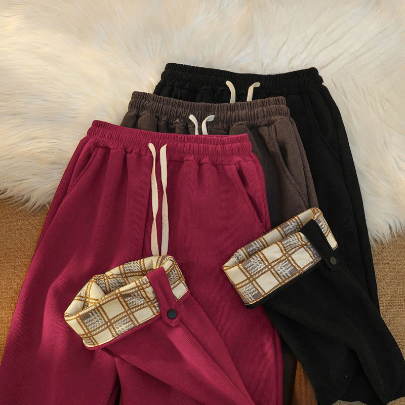 Women's Patchwork Cotton Corduroy Fleece-Lined Wide Leg Pants With Pockets