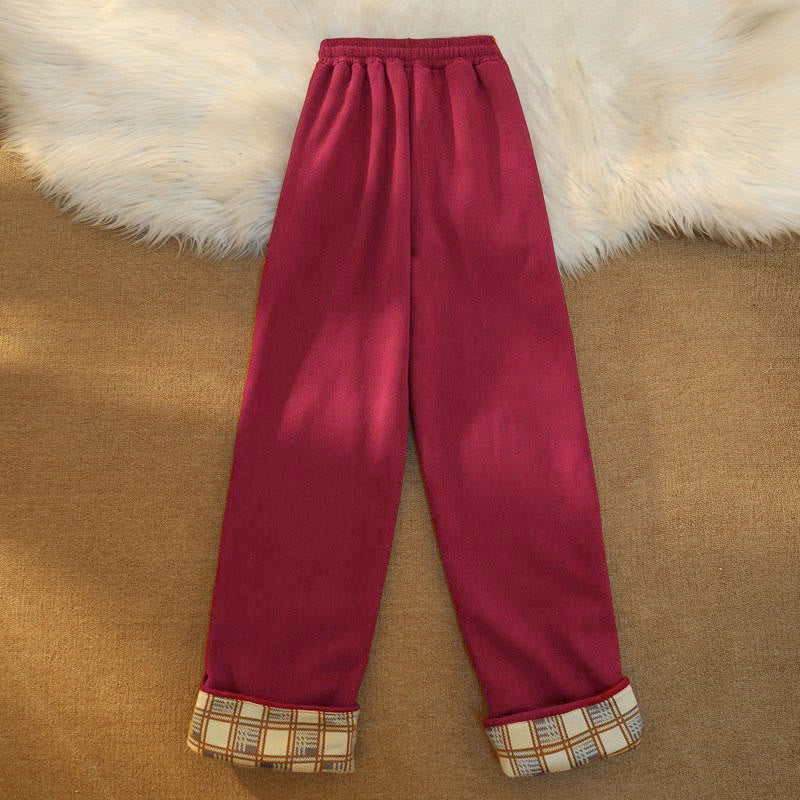 Women's Patchwork Cotton Corduroy Fleece-Lined Wide Leg Pants With Pockets
