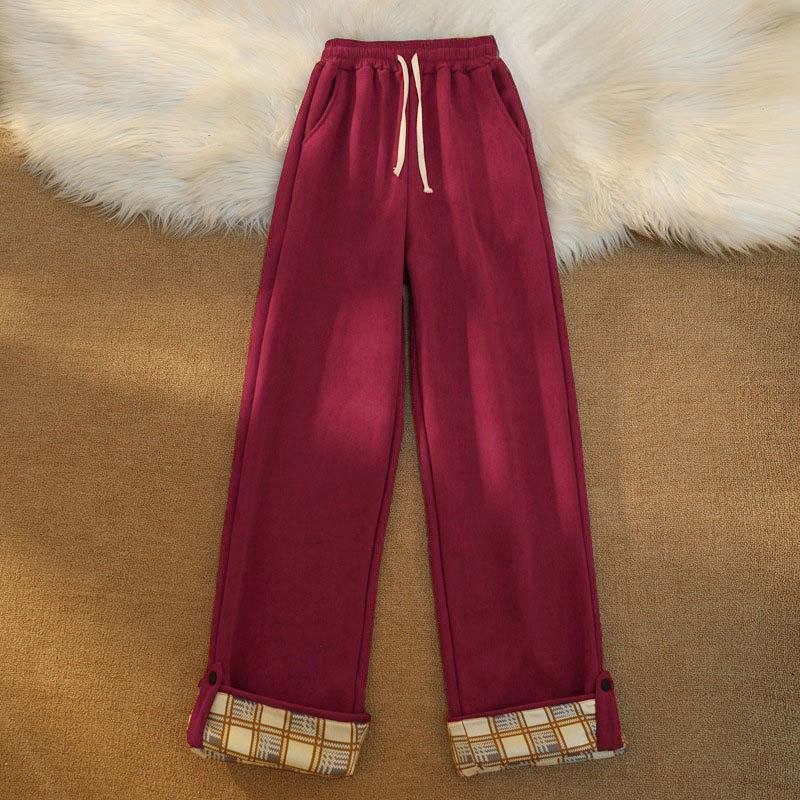 Women's Patchwork Cotton Corduroy Fleece-Lined Wide Leg Pants With Pockets