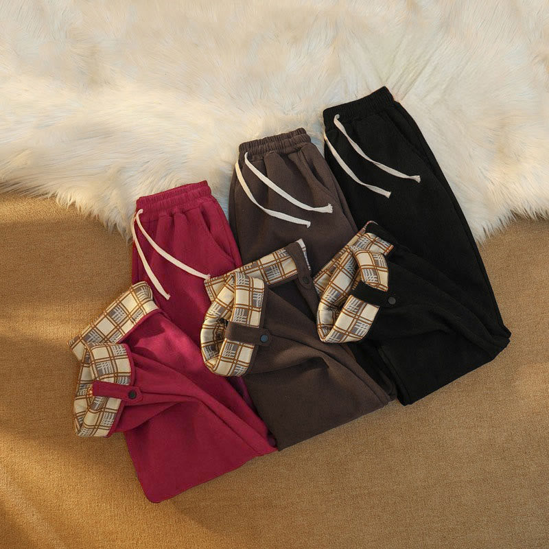 Women's Patchwork Cotton Corduroy Fleece-Lined Wide Leg Pants With Pockets