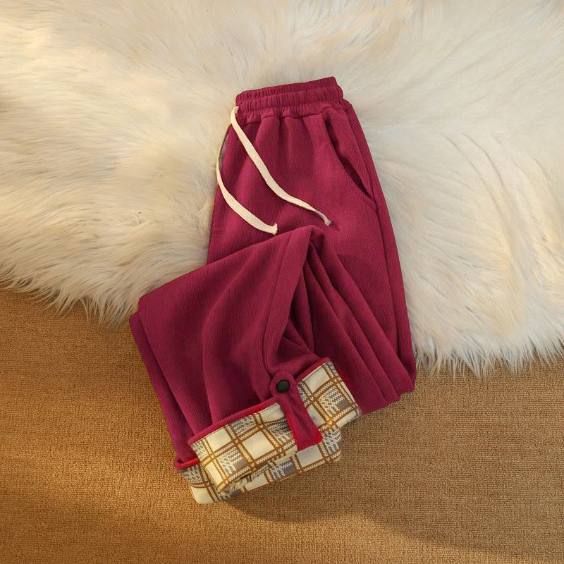 Women's Patchwork Cotton Corduroy Fleece-Lined Wide Leg Pants With Pockets