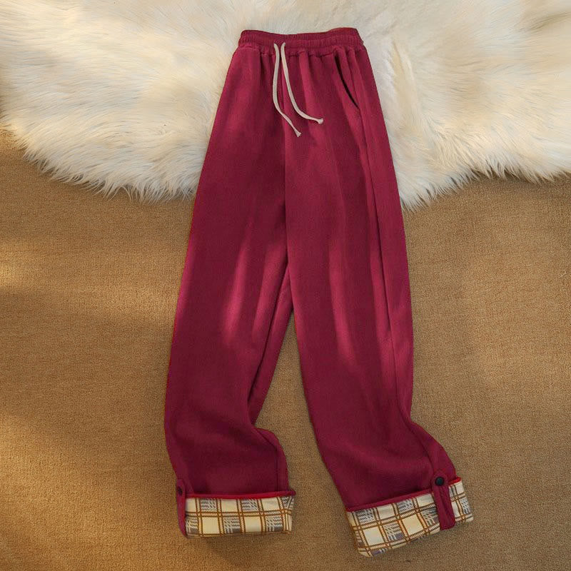 Women's Patchwork Cotton Corduroy Fleece-Lined Wide Leg Pants With Pockets
