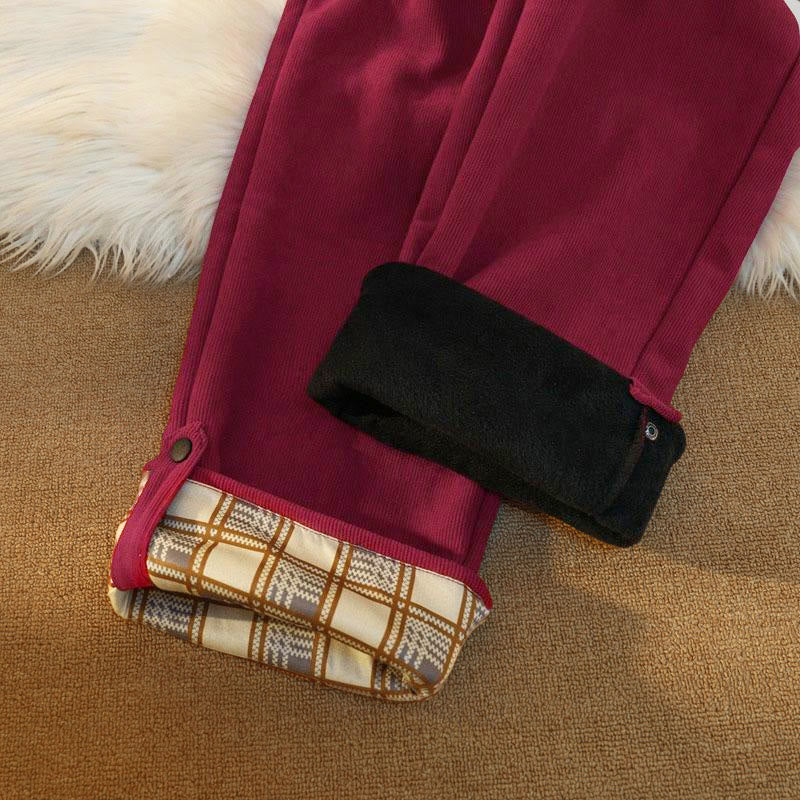 Women's Patchwork Cotton Corduroy Fleece-Lined Wide Leg Pants With Pockets