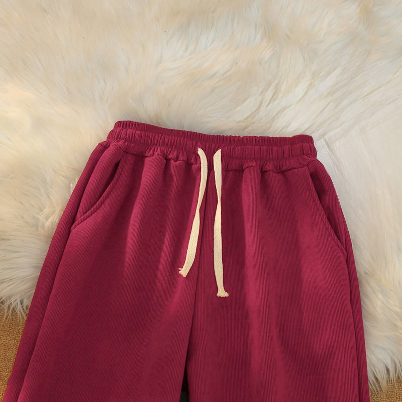 Women's Patchwork Cotton Corduroy Fleece-Lined Wide Leg Pants With Pockets