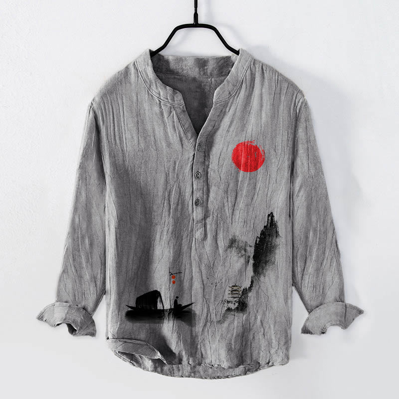 Cotton Linen Stand Collar Landscape Meditation Shirt