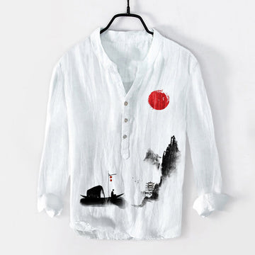 Cotton Linen Stand Collar Landscape Meditation Shirt
