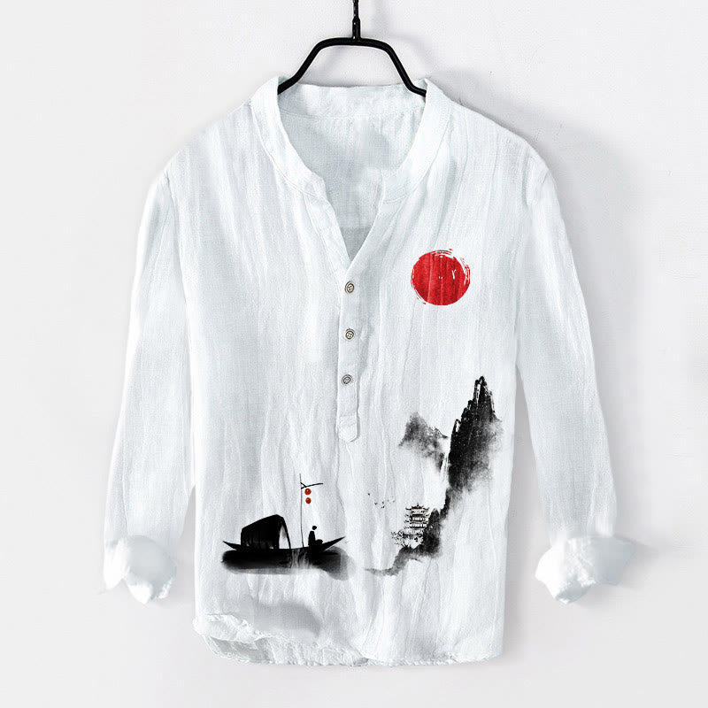 Cotton Linen Stand Collar Landscape Meditation Shirt